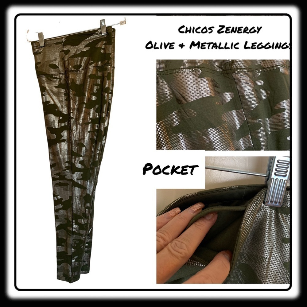 Chico’s Zenergy olive & metallic camo leggings. Chicos Size 2 (equiv sz 12-14)